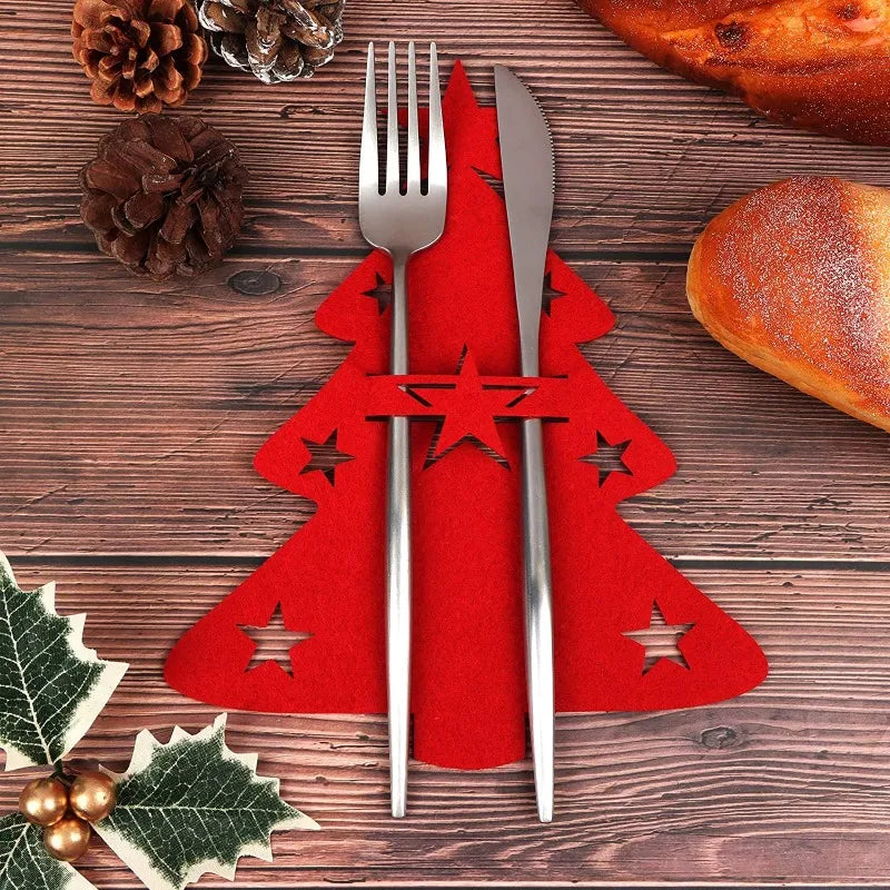 100-Piece Set: Elk-themed Cutlery Covers for Christmas Tree Decor - Xmas Tableware Pockets for Knives & Forks - New Year's Party Table Decorations