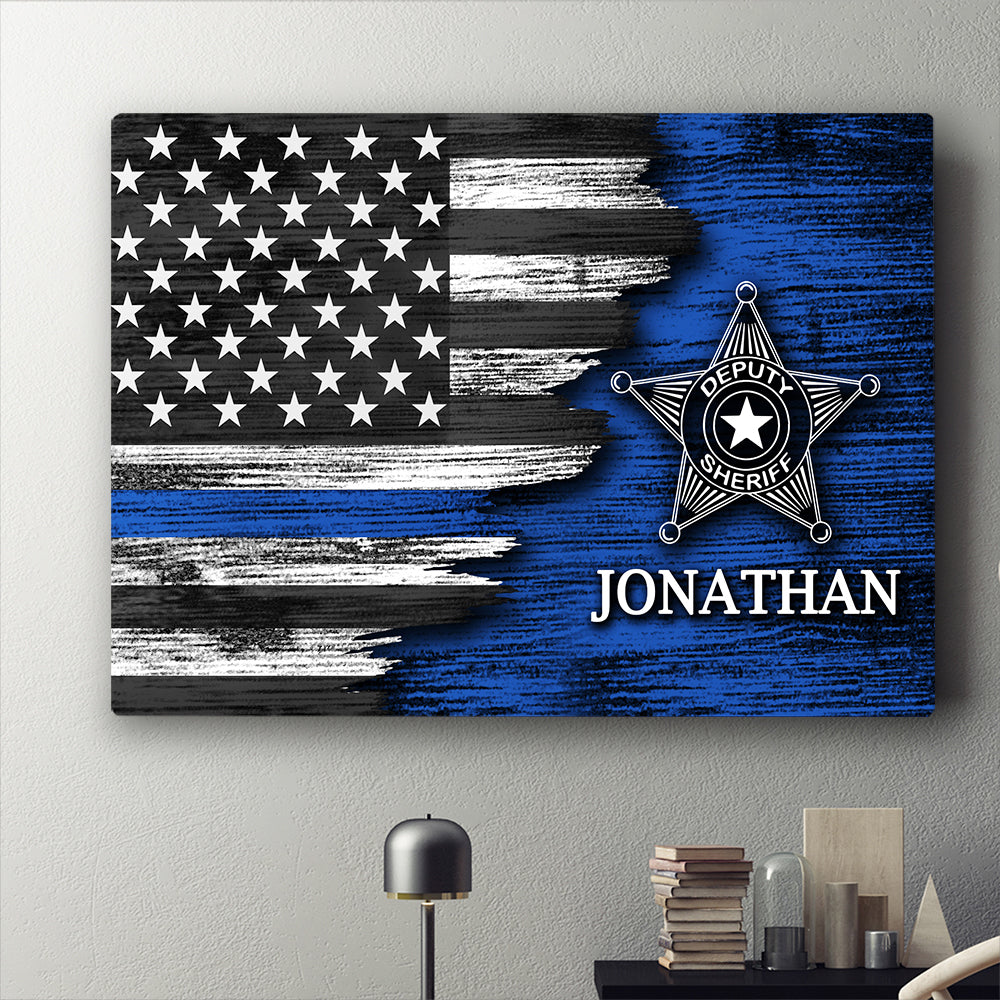 Personalized Custom Name Number Badge Deputy Sheriff Thin Blue Line Lives Matter American Flag Canvas