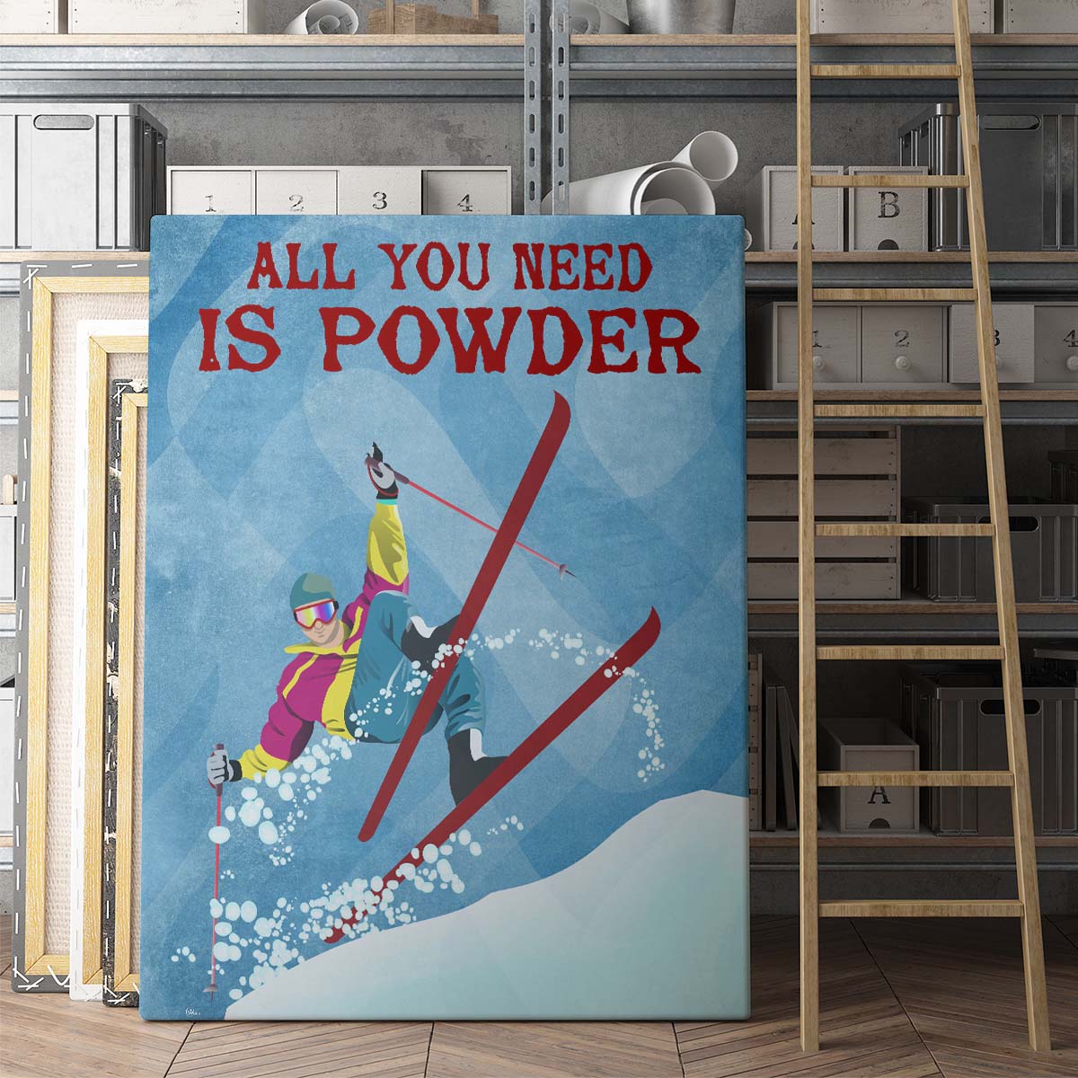 Skiing Vintage Retro All You Need Is Powder Hanging Canvas Print Wall Art for Boy Girl Men Women Personalized Canvas Art