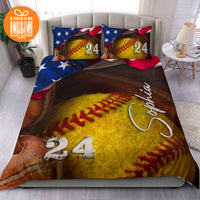 Thumbnail for Custom Quilt Sets for Kids Teens Adult Vintage Softball American Flag Personalized Quilt Bedding