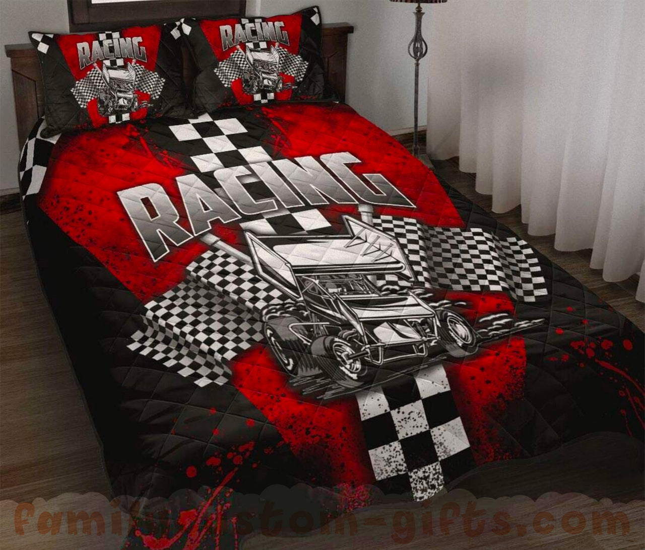 Custom Quilt Sets Sprint Cars Red Watercolor Premium Quilt Bedding for Boys Girls Men Women