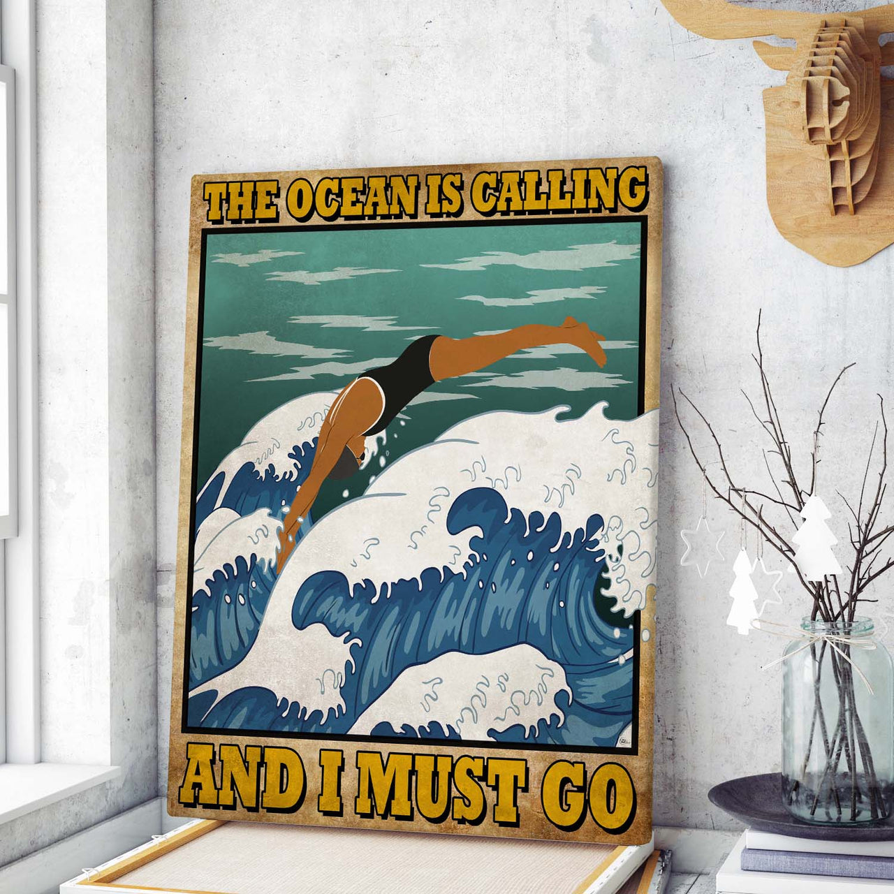 Ocean Swimming Vintage The Ocean Is Calling And I Must Go  Canvas Print Wall Art for Boy Girl Men Women