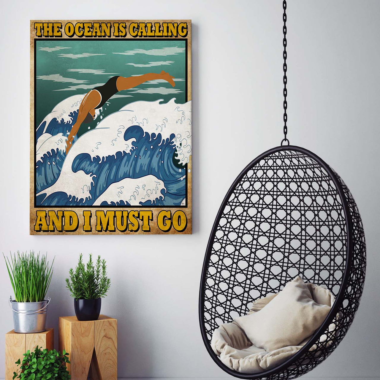 Ocean Swimming Vintage The Ocean Is Calling And I Must Go  Canvas Print Wall Art for Boy Girl Men Women