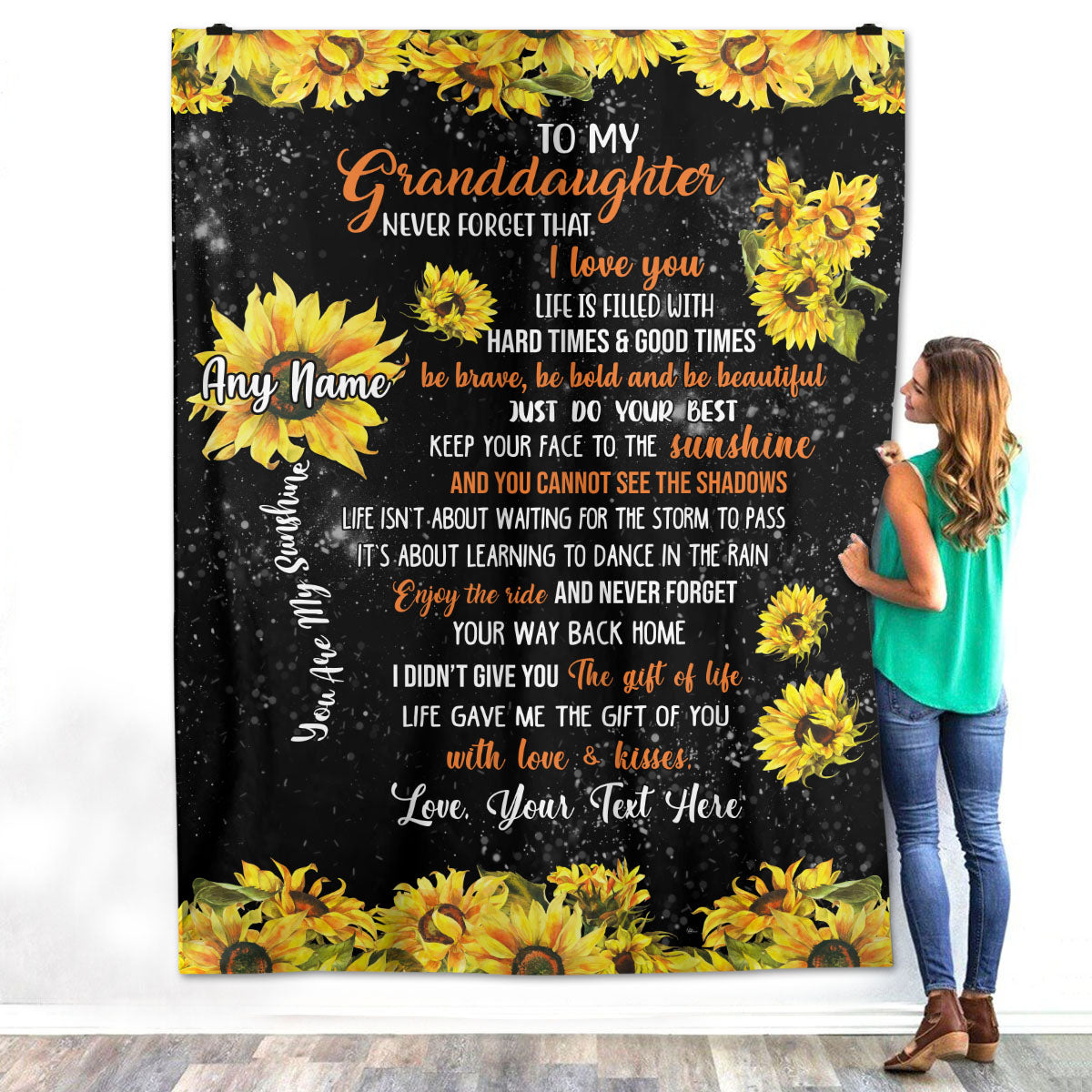 Personalized Custom Name To My Granddaughter You Are My Sunshine Sunflower from Grandma Nana Grandmother Fleece Throw Sherpa Blanket