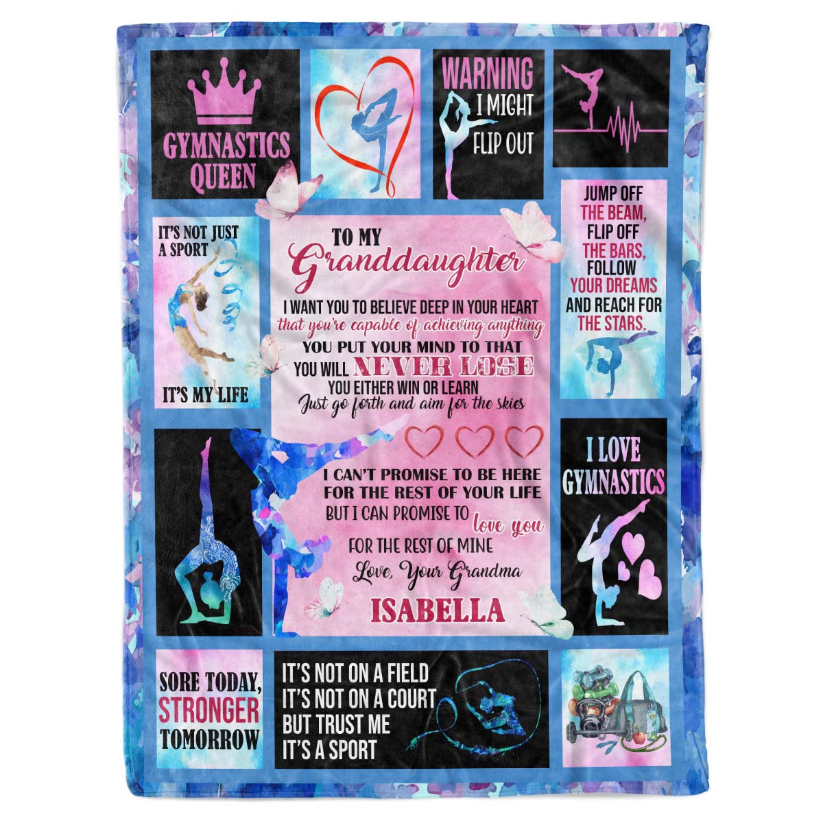 Personalized Custom Name Gymnastics Fleece Sherpa Throw Blanket Queen Full Twin Size Birthday Custom Presents for Grandkids Granddaughter under over 10 Years Old from Grandma Grandmother Nana