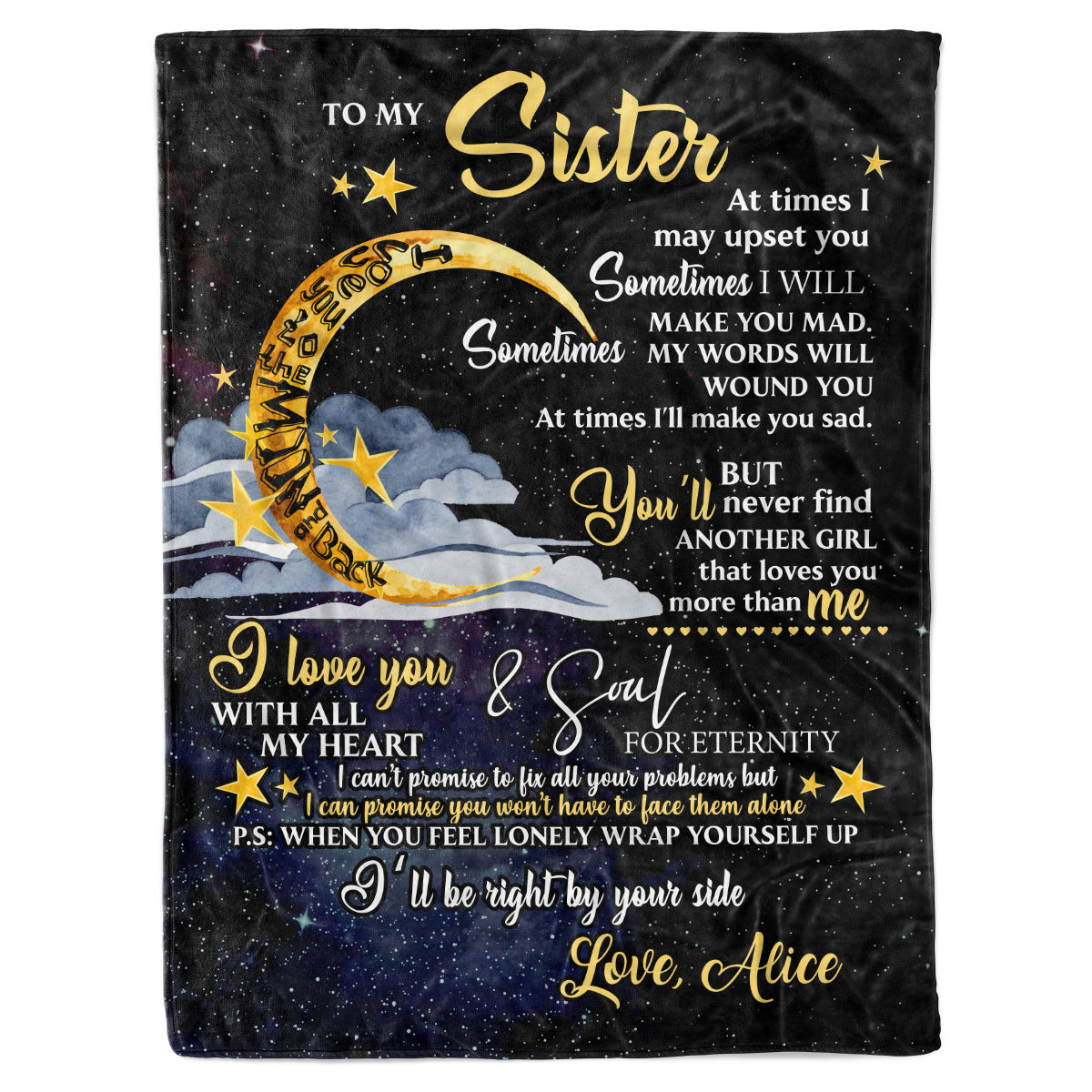 Personalized Custom Name To My Sister Love You Moon And Back Fleece Sherpa Blanket Gift For Sister