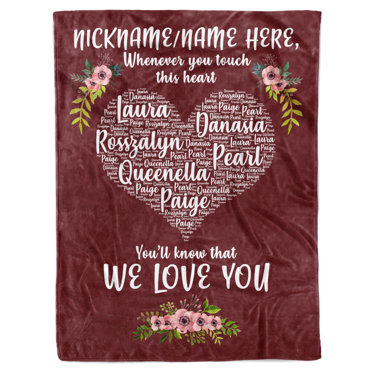 Personalized Custom Kids Grandkids Names for Dad Mom Grandma Nana Grandpa Nana Birthday Fleece Sherpa Blanket Gift For Mom Grandma Dad Grandpa Mother Day ( Burgundy - Touch Heart )