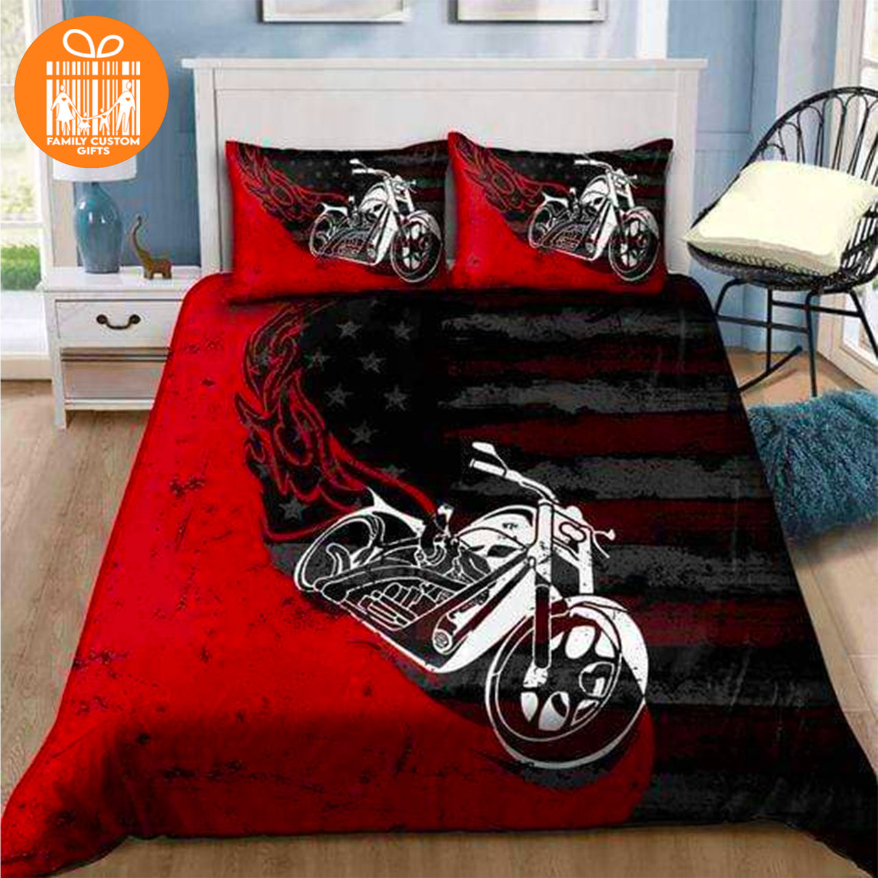 Comforter Vintage Motorcycle American Flag Custom Bedding Set for Kids Teens Adult Personalized Premium Bed Set