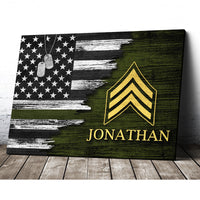 Thumbnail for Personalized Custom Name Insignia Rank United States US Military Soldier Veteran Thin Green Line Patriotic American Flag Canvas