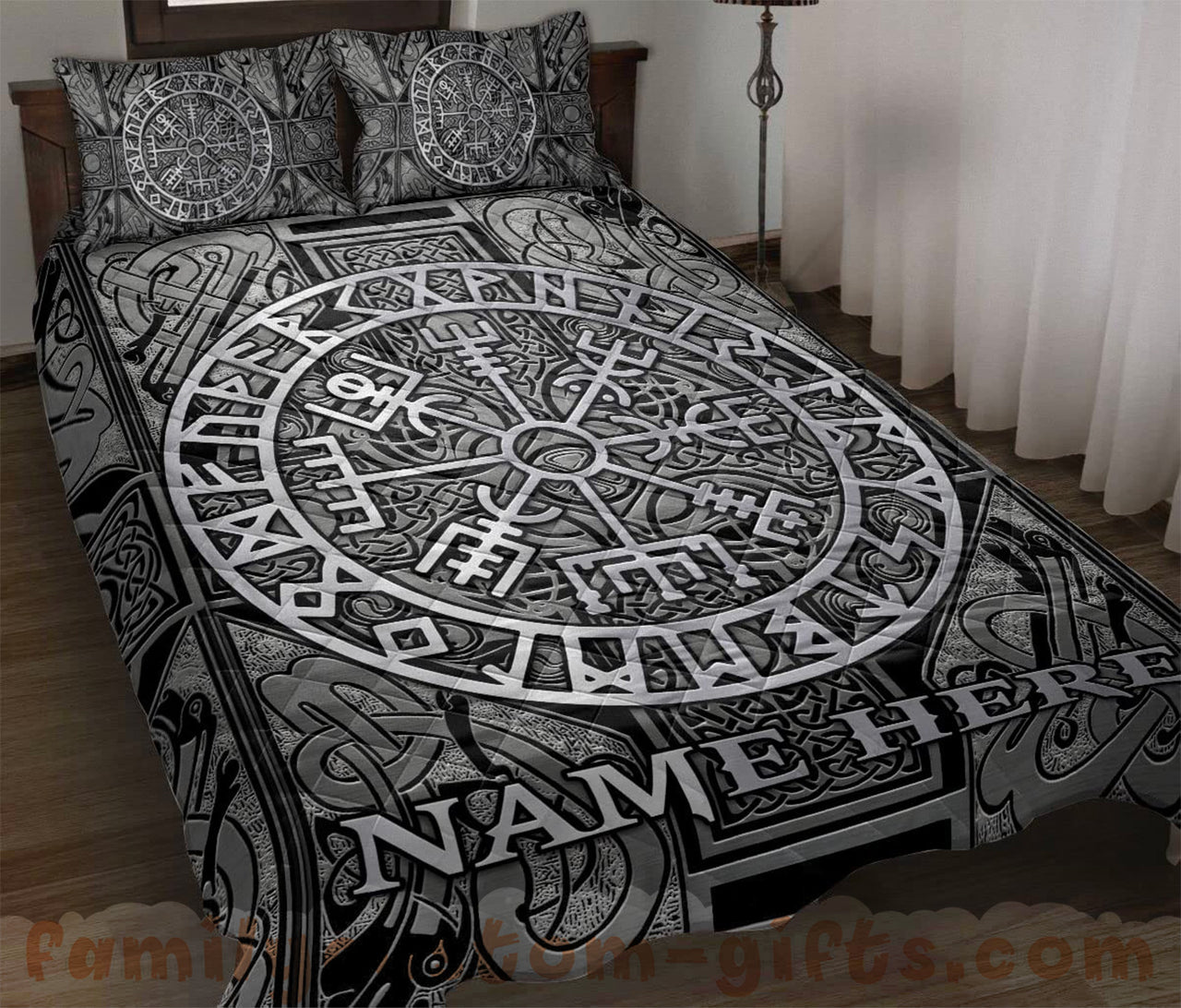 Custom Quilt Sets Viking Celtic Compass Vegvisir Circle Norse Runes Premium Quilt Bedding for Men Women