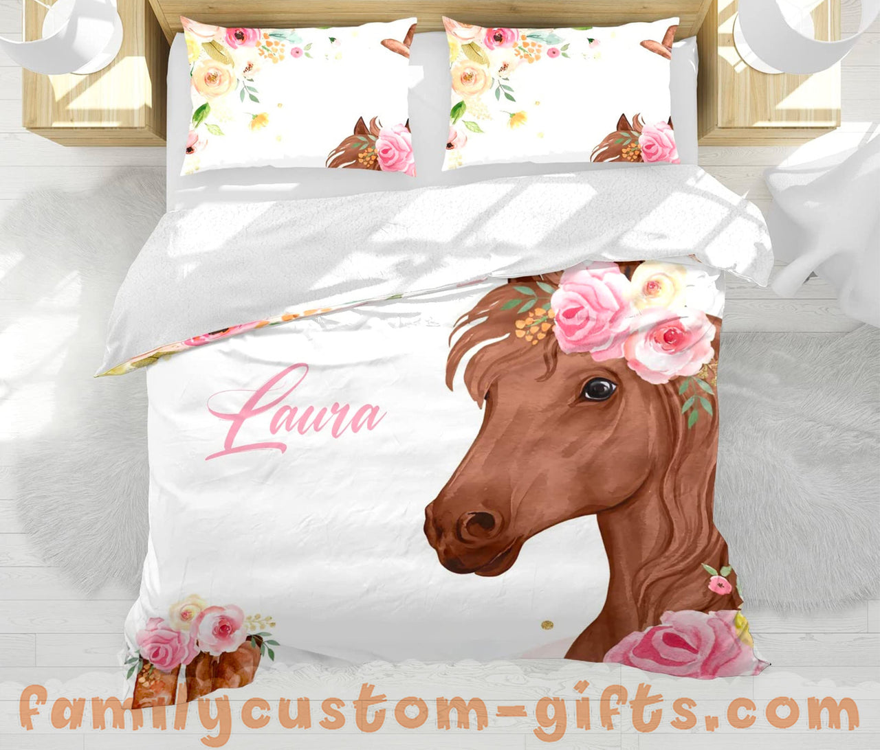 Custom Quilt Sets Watercolor Flowers Lovely Horses Premium Quilt Bedding for Boys Girls Men Women