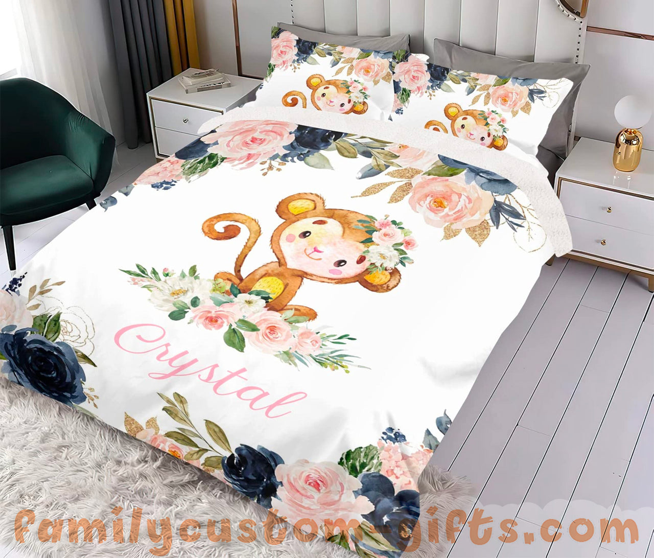Custom Quilt Sets Watercolor Pink Dark Floral Monkey Premium Quilt Bedding for Boys Girls Men Women