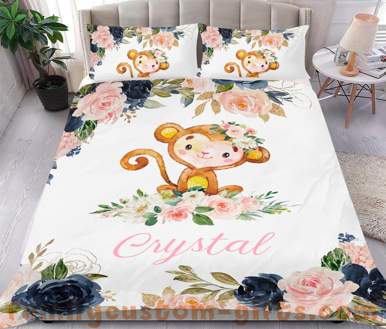 Custom Quilt Sets Watercolor Pink Dark Floral Monkey Premium Quilt Bedding for Boys Girls Men Women