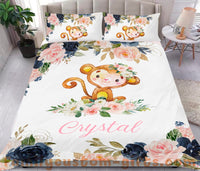 Thumbnail for Custom Quilt Sets Watercolor Pink Dark Floral Monkey Premium Quilt Bedding for Boys Girls Men Women
