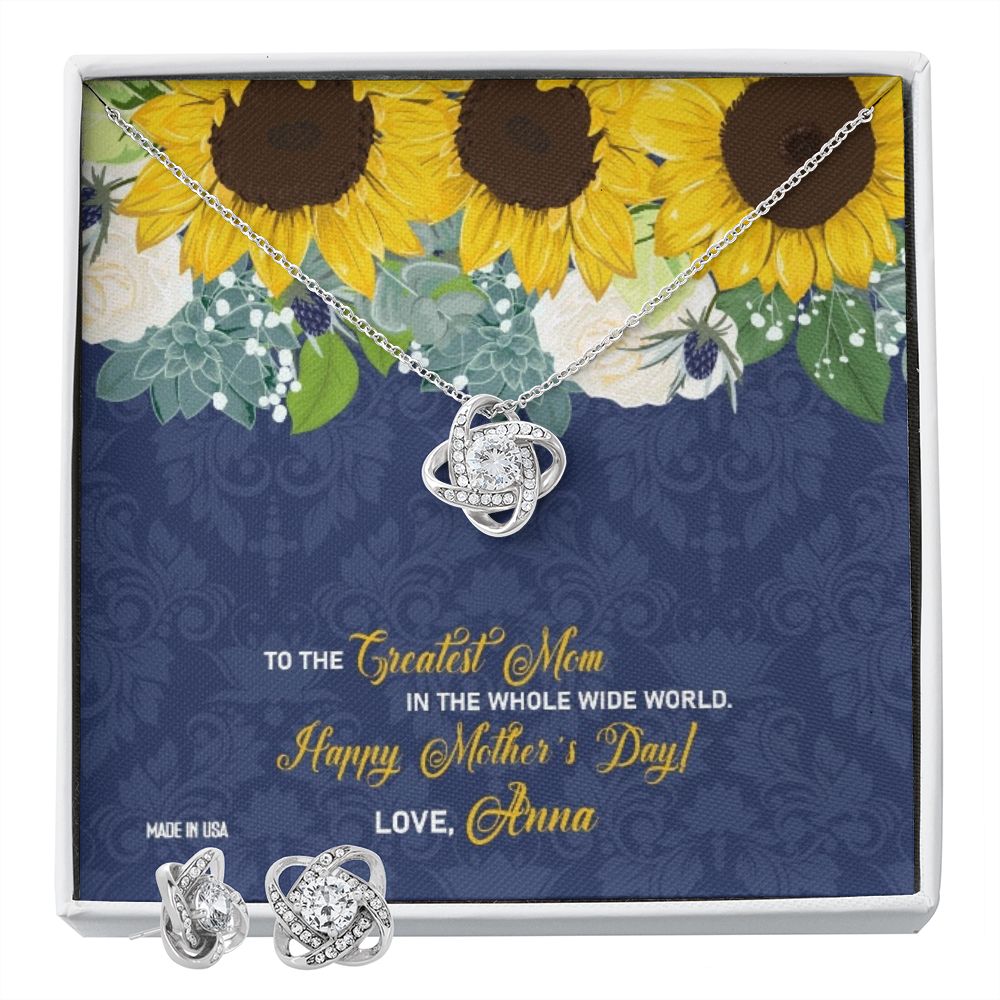 Custom Greatest Mom Sunflower 14k White Gold Interlocking Heart Pendant Necklace Jewelry Gifts For Mom Wife Grandma Auntie Mother Day