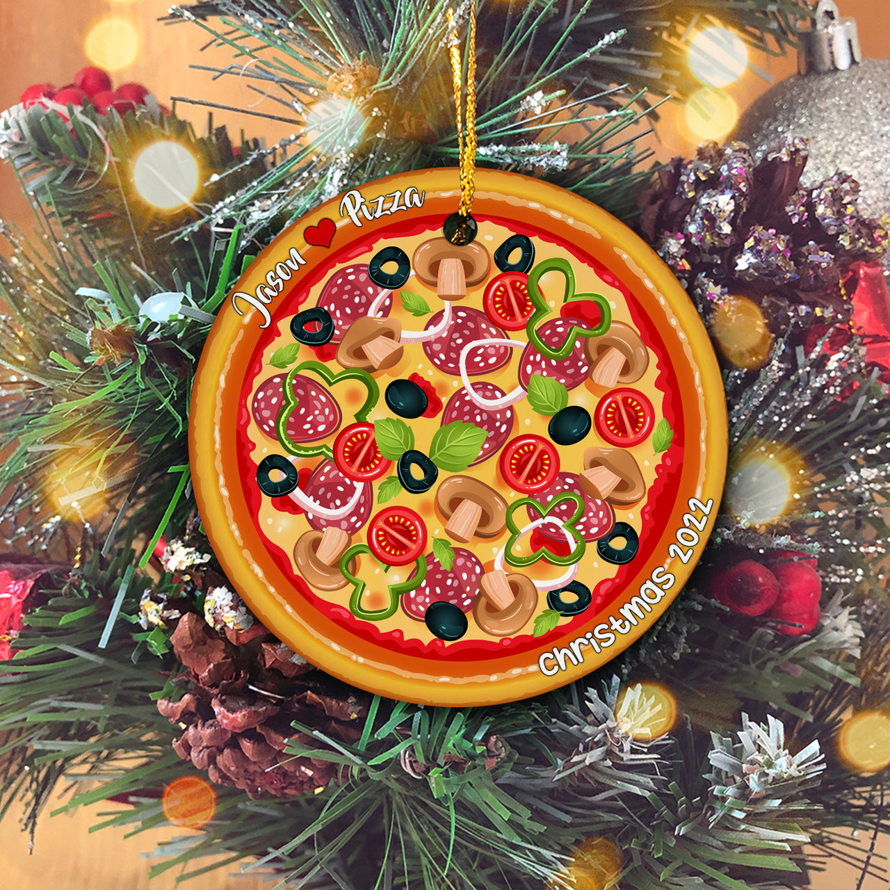 Couple Christmas Pizza Personalized Christmas Premium Ceramic Ornaments Sets for Christmas Tree