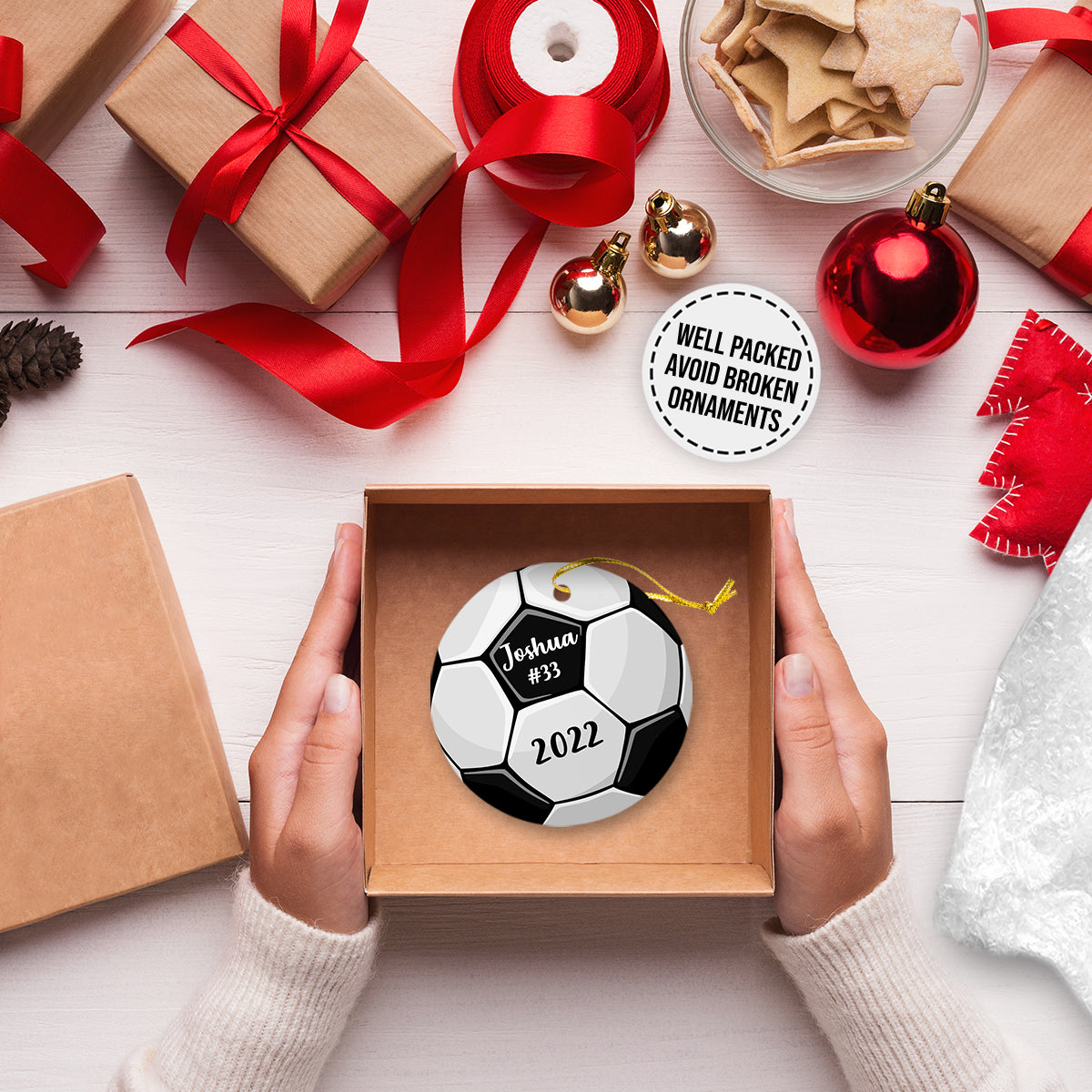 Soccer Ball Personalized Christmas Premium Ceramic Ornaments Sets for Christmas Tree