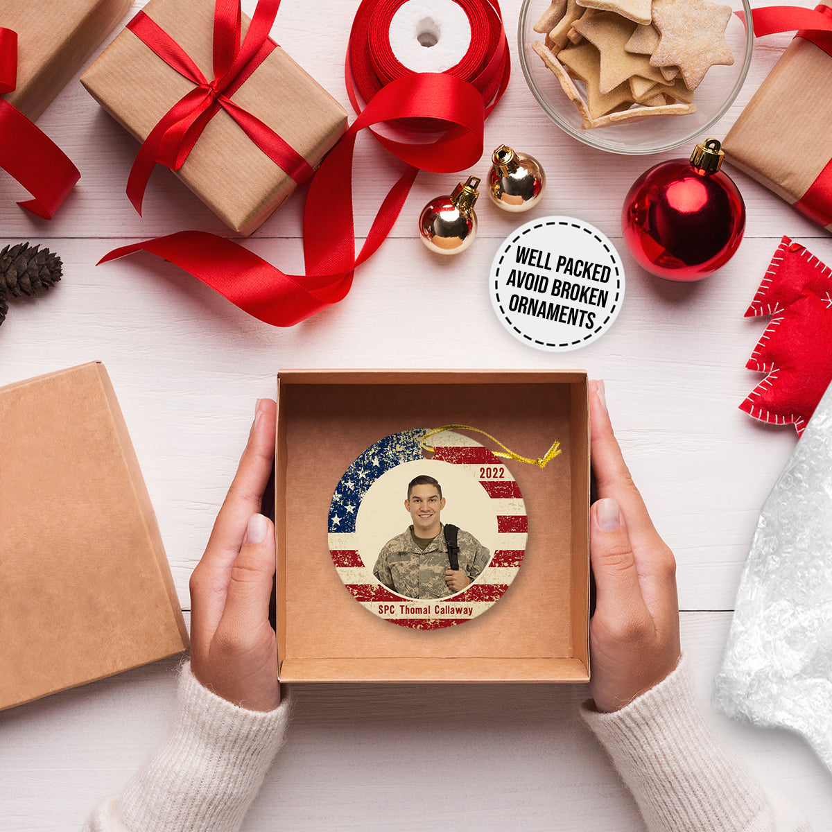 Vintage American Flag Personalized Christmas Premium Ceramic Ornaments Sets for Christmas Tree