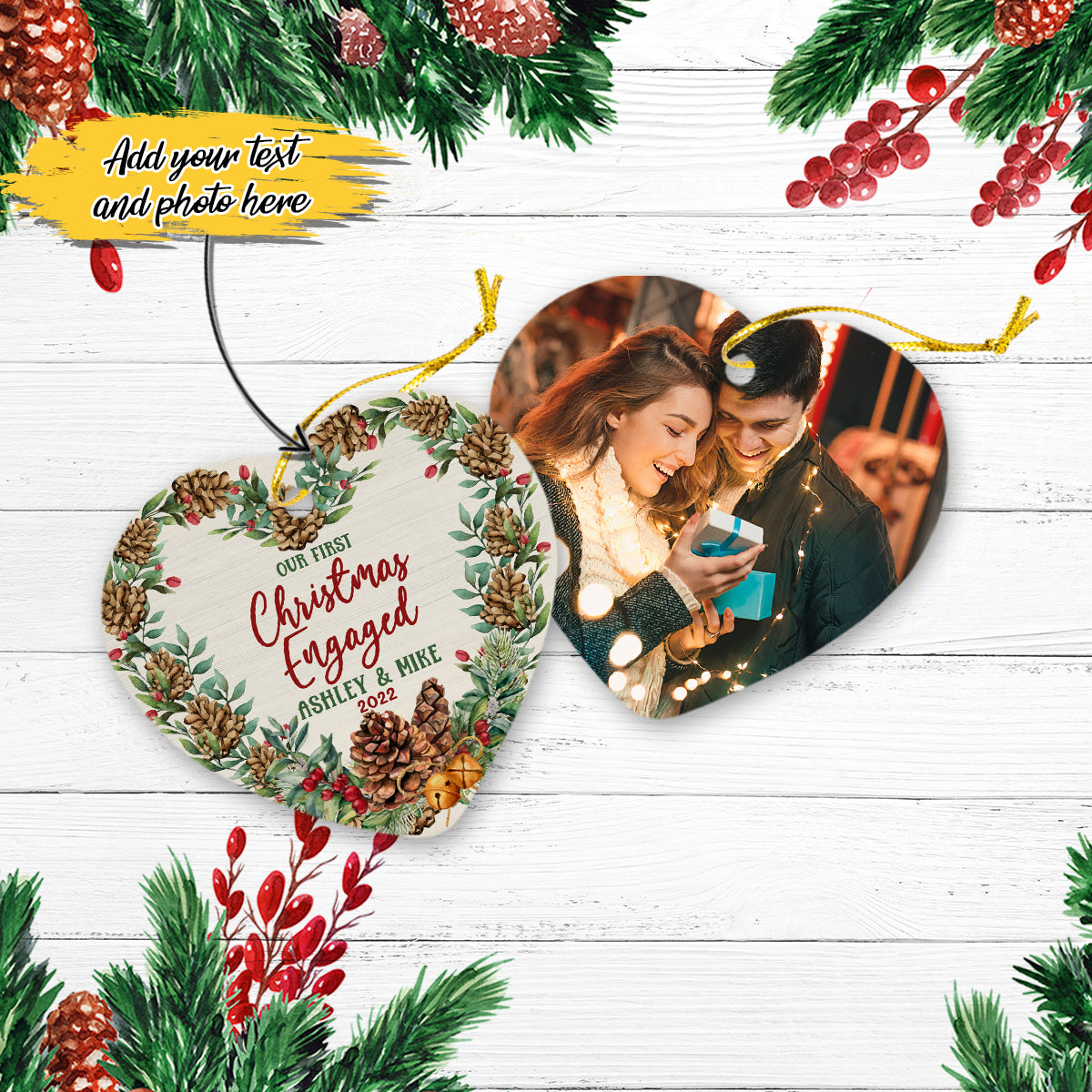 Our First Christmas Engaged with Photo Personalized Christmas Premium Ceramic Ornaments Sets for Christmas Tree