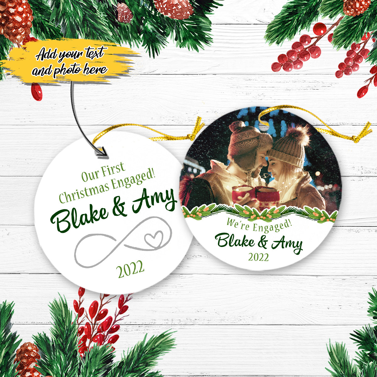 Our First Christmas Engaged Personalized Christmas Premium Ceramic Ornaments Sets for Christmas Tree