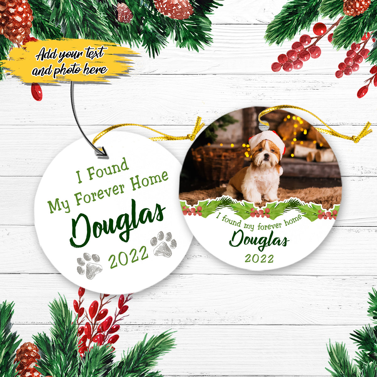 Pet Dog Adoption Gift Found My Forever Home Personalized Christmas Premium Ceramic Ornaments Sets