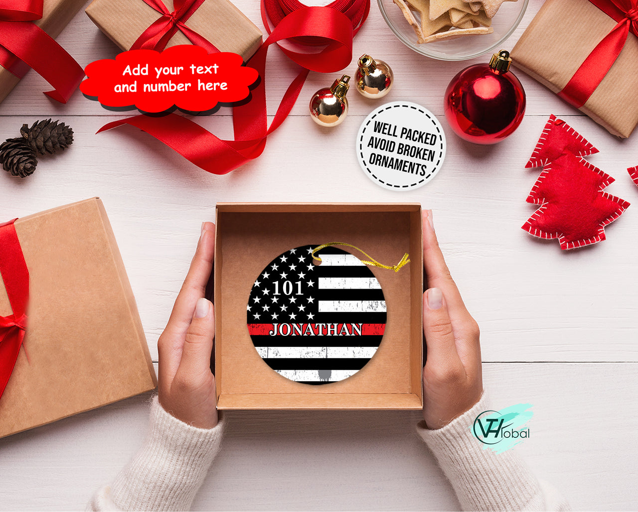 Firefighter Thin Red Line American Flag Personalized Christmas Premium Ceramic Ornaments Sets
